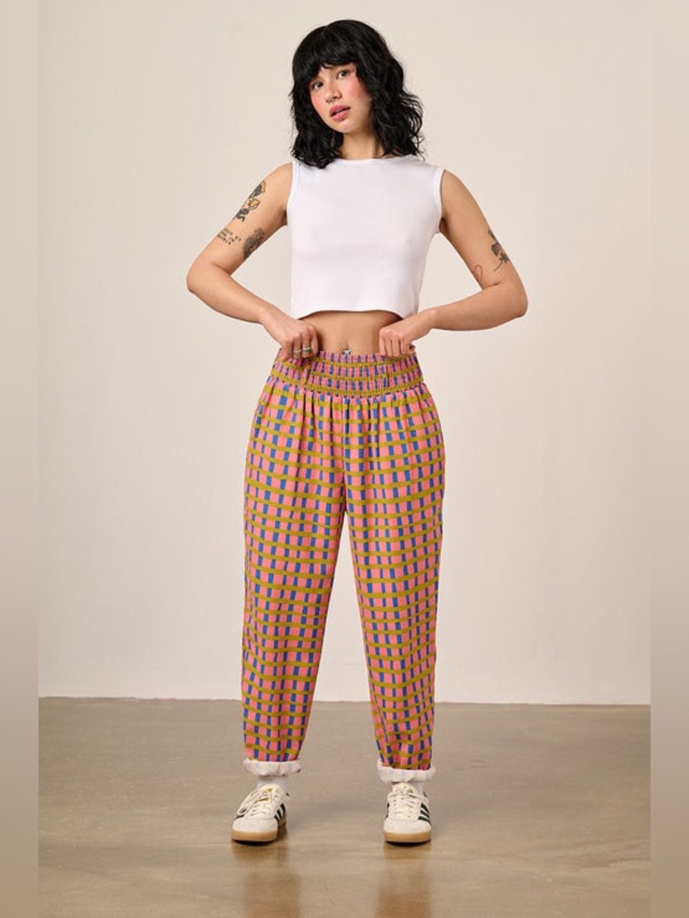 Lucy & Yak Alexa Organic Cotton Trousers pants pink check size Large reg NWT